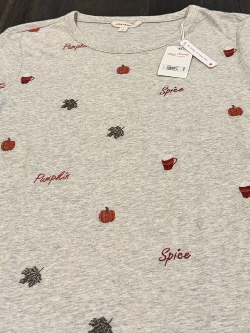 Lucky Brand Women’s Gray Fall Themed T-Shirt Short Sleeve Crew Neck Embroidered - Picture 6 of 16